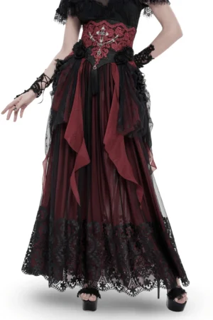 Red and black gothic lace corset belt with cascading sheer tulle overskirt - front three-quarter view showing embroidered waist panel and romantic layered mesh