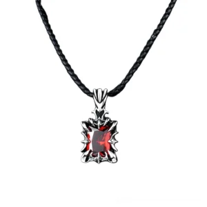 Gothic red gem stone stainless steel pendant with black beaded chain on white background