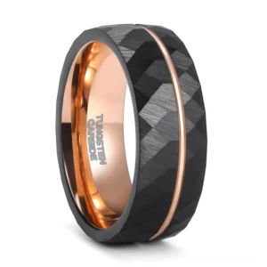 Black tungsten rhombus patterned band ring front oblique view with rose gold accents