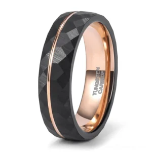 Tungsten steel gothic ring side profile showing rose gold inner band and stripe detail