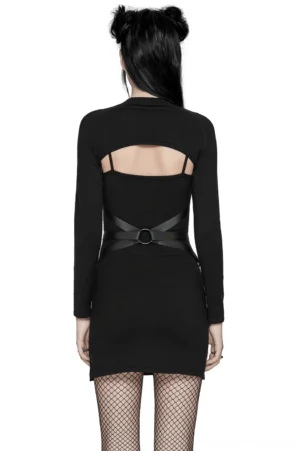 Gothic ribbed dress set back view featuring O-ring waist buckle and back cutout with fishnet stockings