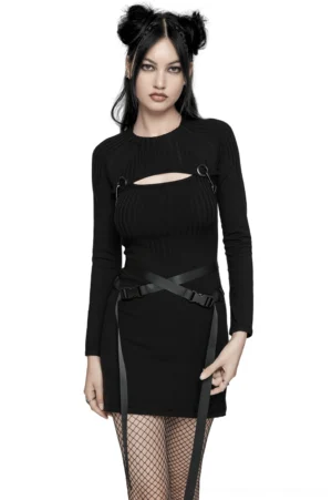 Black gothic ribbed harness dress set front view on model, showing adjustable chest straps and cutout details