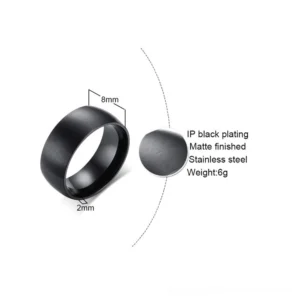 Black stainless steel gothic ring specifications chart showing 8mm width, IP black plating, 6g weight, and technical dimensions