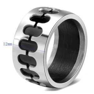 Punk stainless steel ring side profile highlighting brushed interior finish and 12mm band width