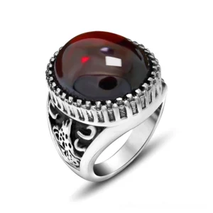 Crimson red gemstone gothic ring stainless steel unisex front view