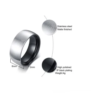 Stainless steel ring specifications chart showing 8mm width, 4g weight, IP black plating, and material details