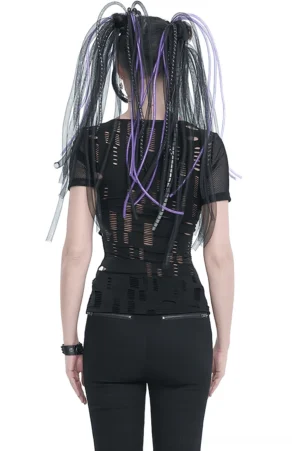Black ripped mesh gothic t-shirt back view showing full irregular hollow-out pattern and waist zip detail