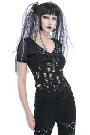 Women's black ripped mesh gothic t-shirt with metal collar rings, front full-body view on model with cyber punk styling