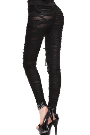 Gothic ripped pants rear side view showing sheer mesh underlayer and leather knee embellishments