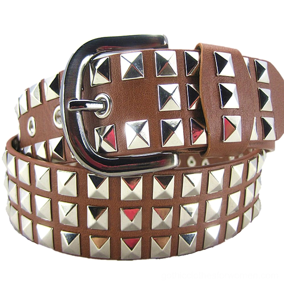 Dark brown gothic rivet belt featuring square pyramid metal studs and reinforced buckle