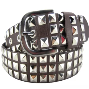 Dark brown leather unisex gothic belt with silver square pyramid rivets and adjustable metal buckle