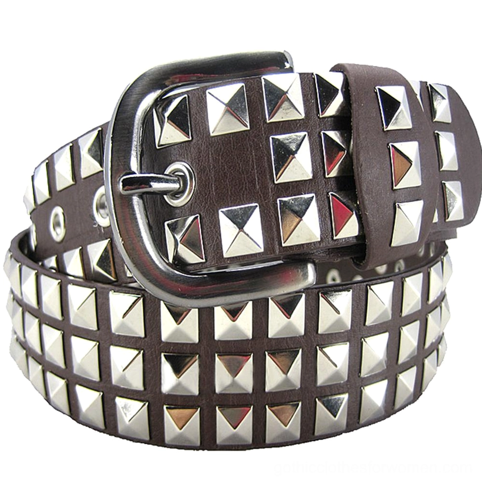 Dark brown leather unisex gothic belt with silver square pyramid rivets and adjustable metal buckle