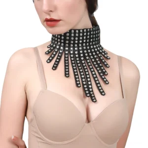 Black rivet leather gothic choker worn on model - front view showing silver stud detailing and wide band design