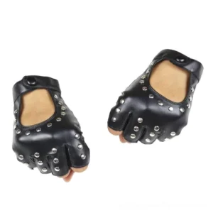 Black PU leather fingerless gloves with silver rivets, flat front view showing rivet pattern and wrist snap button