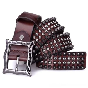 Gothic rivet leather belt front-side view showing dark brown genuine leather with gun-black metal studs and geometric alloy buckle for punk rock alternative fashion
