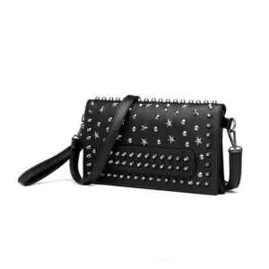 Gothic rivet star crossbody bag front view with black studded leather and spike star decorations