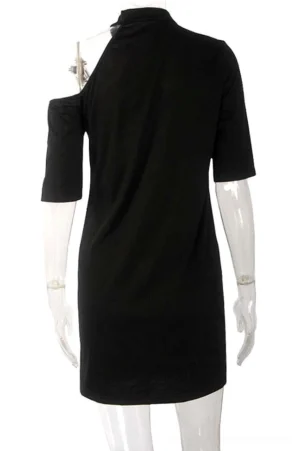 Off-shoulder gothic mini dress back view showing asymmetric shoulder cutout design