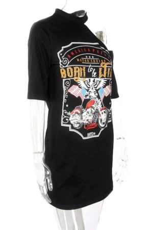 Black off-shoulder gothic rock mini dress with motorcycle graphic print, front view on mannequin