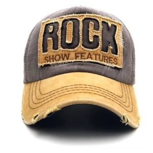 Brown grey crown tan brim distressed rock embroidered snapback cap straight angle