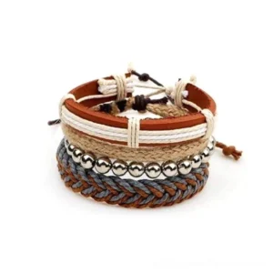 Layered gothic rope bracelet stack side view showing adjustable pull-tie closure, woven texture and metal bead details