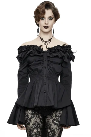 Black gothic off-shoulder blouse with 3D rose appliqués and bell flare sleeves, front view on model showing asymmetric hem and decorative rose buttons
