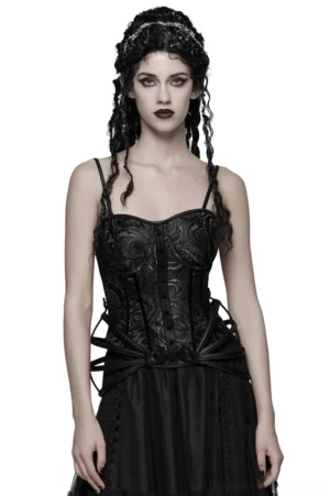 Black rose jacquard gothic corset front view on model with sweetheart neckline and cutout waist straps