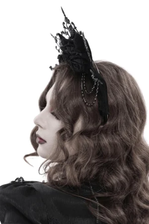 Side profile of black gothic rose crown headpiece with bead chain and floral details