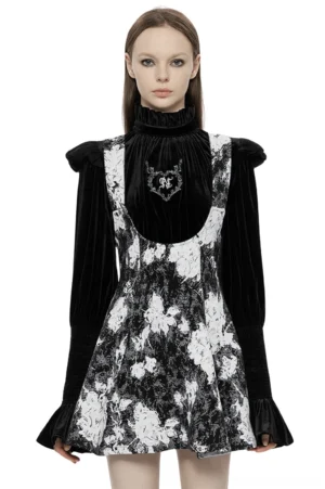 Dark Rose Jacquard Gothic Pinafore Dress front view on model with black velvet top, showing floral pattern and square neckline
