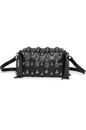 Black rose rivet gothic crossbody bag front flat lay showing 3D rose metal buckles and spherical studs on premium faux leather