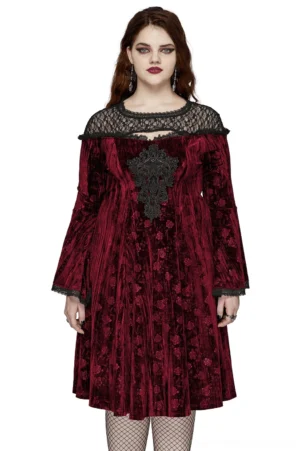 Burgundy velvet gothic rose midi dress with trumpet sleeves and corset lace-up back worn by model, full front view