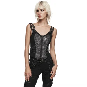 Black rose jacquard gothic waistcoat front view on model, showing metal zipper closure and adjustable shoulder buckle straps