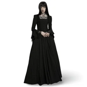 Black Victorian Gothic Rose-Weave Maxi Gown with adjustable corset lace-up back and bell sleeves - front full-body view on model