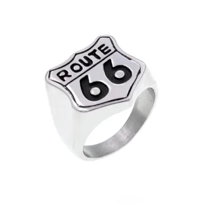 Gothic Route 66 signet ring in polished silver stainless steel with embossed highway shield logo, front view on white background