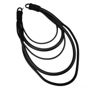 Gothic rubber rope chain necklace flat lay detail showing metal lobster clasp and wrapped knot closure