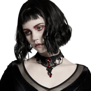Gothic lace and ruby pendant choker necklace front view on model with black bob hairstyle