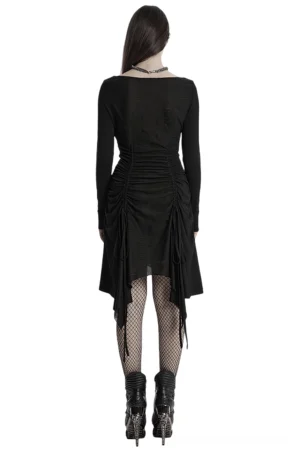 Black gothic ruched swing collar dress back view with tassels, model wearing fishnet stockings and platform boots