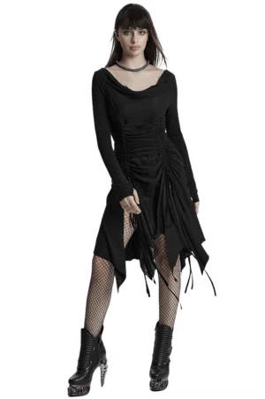 Black gothic ruched swing collar dress with asymmetrical tassel hem, front full-body view on model