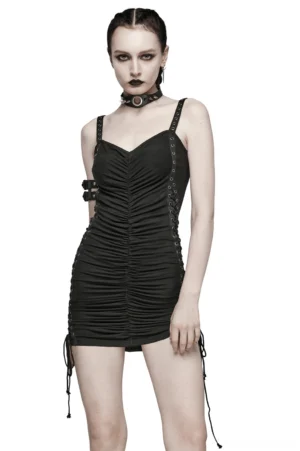 Black gothic ruched mini dress with sweetheart neckline and adjustable eyelet straps, front full-body view on model