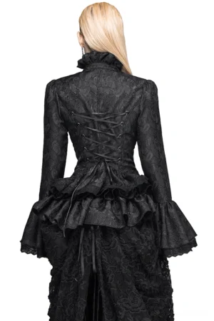 Gothic black lace blouse rear view showing corset lace-up back and ruffled peplum hem
