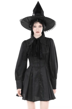 Victorian gothic ruffle collar shirt dress full-body front view on model with witch hat