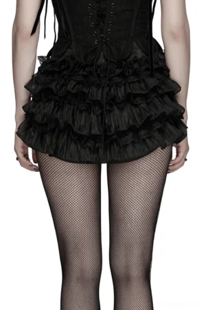 Gothic jacquard ruffle shorts three-quarter view with corset top and multi-layered lace hem