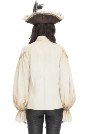 Vintage ruffled gothic blouse back view on model, displaying puffed sleeves and frayed cuff details