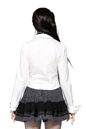 Gothic white blouse full back view displaying fitted waist and buttoned cuff details