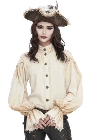 Vintage high collar ruffled gothic blouse front view on model with pirate hat, showing stand collar and distressed bell cuffs