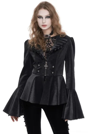 Victorian gothic ruffled collar jacket with flared sleeves, front three-quarter view on model showing cross zipper fastener and peplum hem