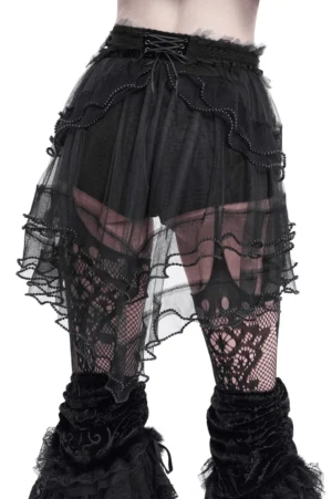 Black gothic ruffled shorts back view showing layered asymmetrical tulle hem and lace-up waist detail