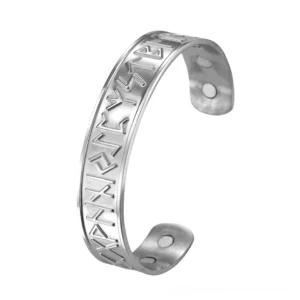Silver engraved rune open cuff bracelet with magnetic therapy elements side view