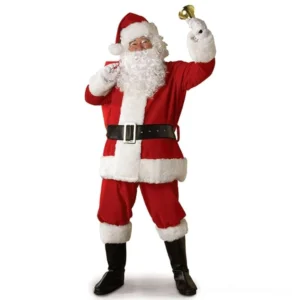 Dark Victorian Santa Gothic costume front view - unisex three-piece set with crimson jacket, white faux fur trim, black belt, and Santa hat on male model
