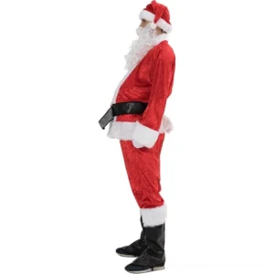 Alternative Santa costume side angle - Gothic festive outfit showing red jacket with white fur collar, black waist belt, and tailored pants on adult model