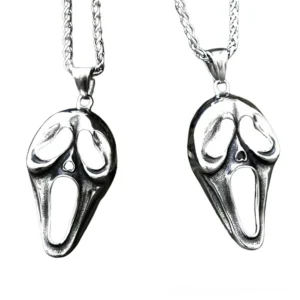 Gothic scream face pendant with twisted wheat chain, polished silver stainless steel, front flat view white background